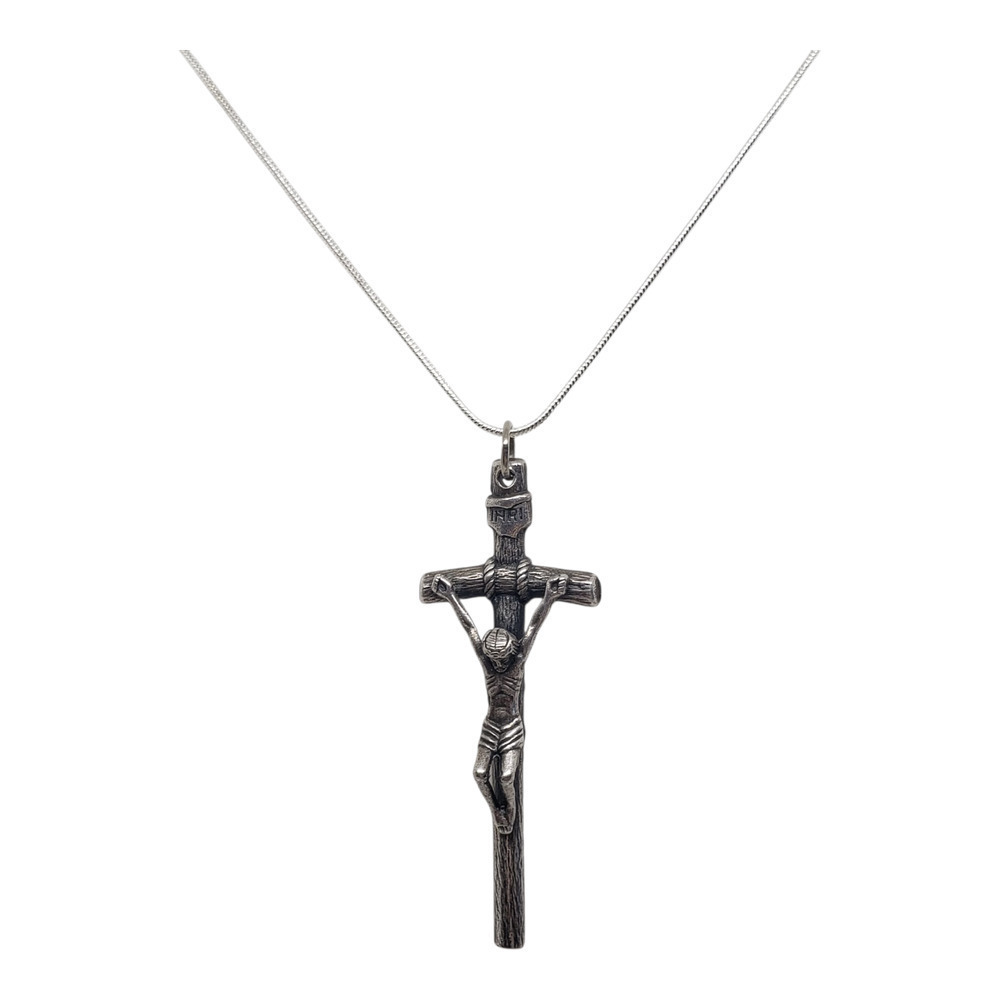 LARGE Italy INRI 3D Crucifix Cross Pendant Necklace Silver Tone Catholic Faith